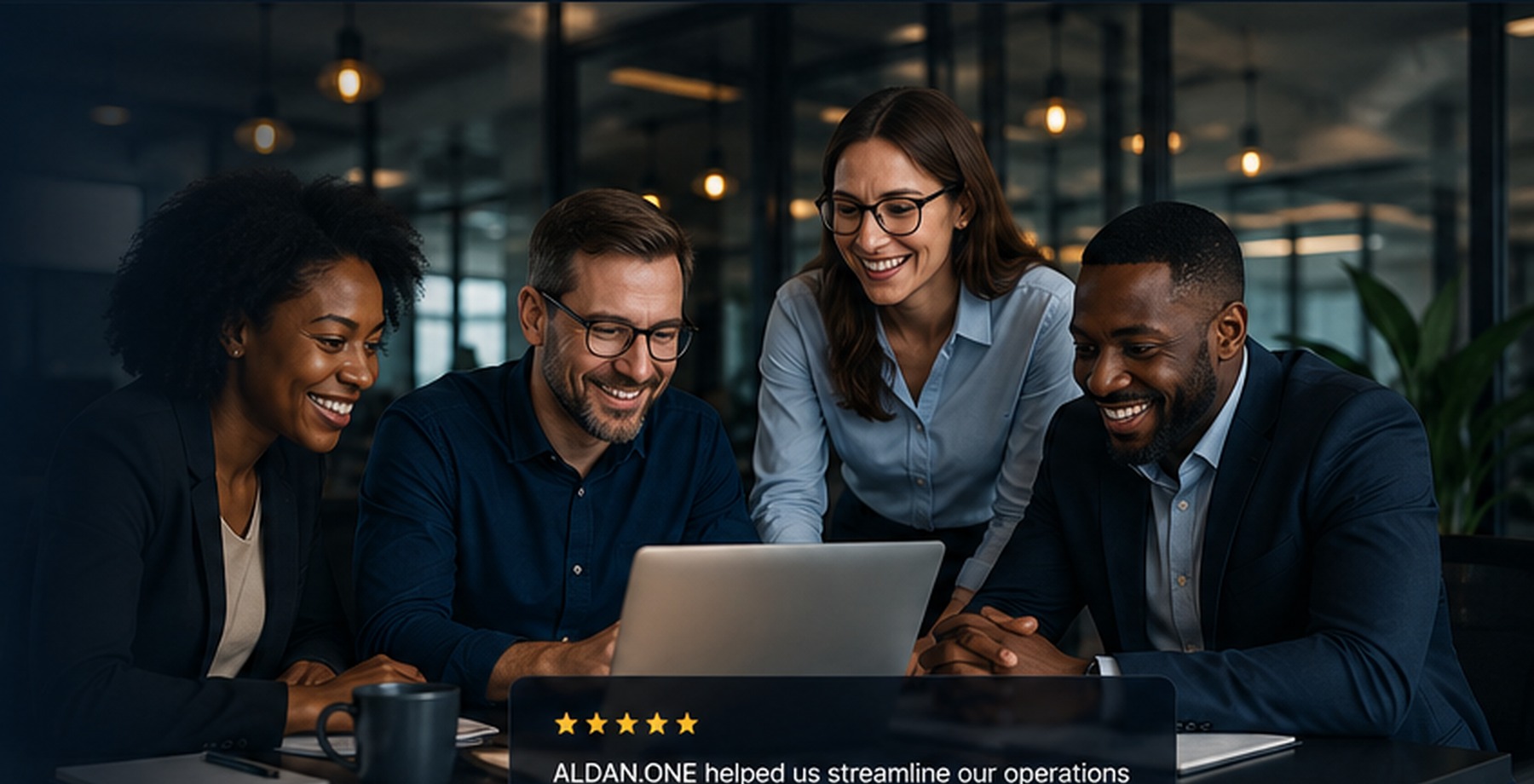 Business clients collaborating positively around a laptop